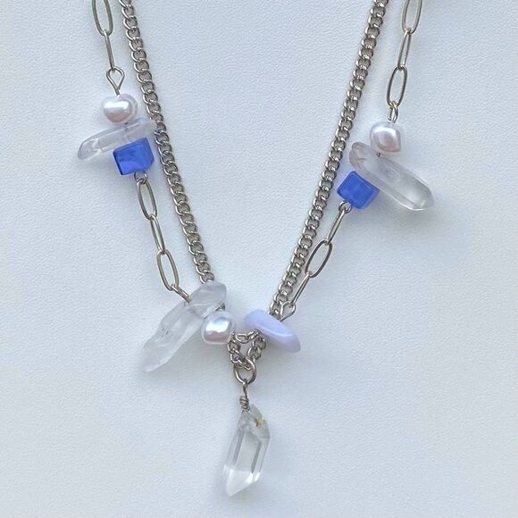 NWT New Two Urban Outfitters (OU) Silver & Blue Genuine Stone Necklaces - Picture 2 of 7